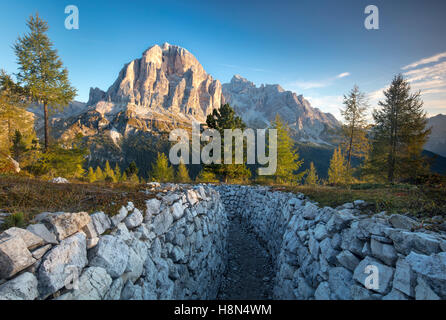 Dawn over Tofana di Rozes from the World War One trenches at Cinque Torri, Dolomite Mountains, Veneto, Italy Stock Photo