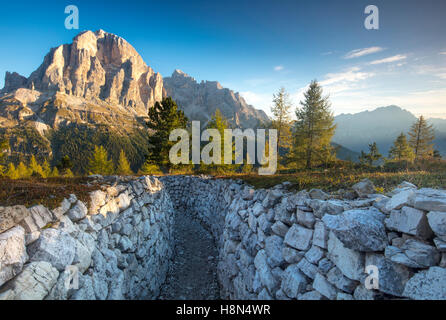 Dawn over Tofana di Rozes from the World War One trenches at Cinque Torri, Dolomite Mountains, Veneto, Italy Stock Photo