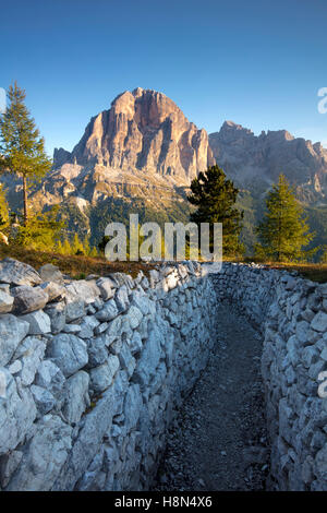 Dawn over Tofana di Rozes from the World War One trenches at Cinque Torri, Dolomite Mountains, Veneto, Italy Stock Photo