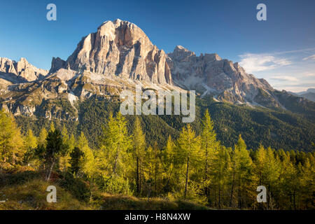 Dawn over Tofana di Rozes from Cinque Torri, Dolomite Mountains, Veneto, Italy Stock Photo