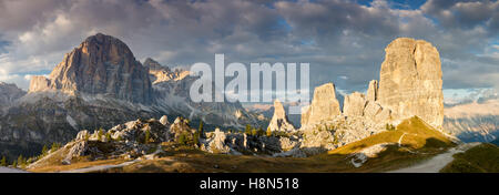 Evening sunlight over Tofana di Rozes and Cinque Torri, Dolomite Mountains, Veneto, Italy Stock Photo