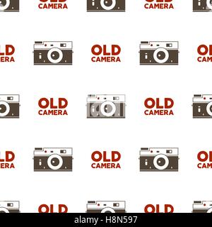 Old camera seamless pattern. Vintage photography elements and typography design. Vector background. Illustration. Stock Vector
