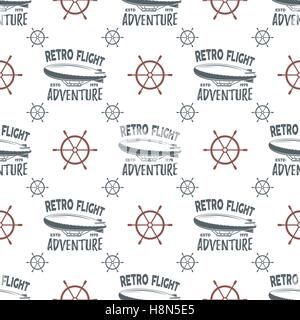 Vintage airship seamless pattern. Retro Dirigible wallpaper design with steering wheel and typography elements. Old sketching style. Aeronautic transport old style. Vector background. Stock Vector