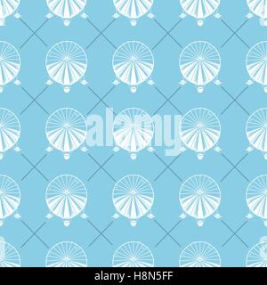Airship seamless pattern. Retro Dirigible wallpaper design. Old sketching and doodle style. White airships on blue background. Vector. Stock Vector
