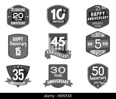 Anniversary badge set. Illustration of anniversary signs and emblems. Flat anniversary logo designs in flat and retro styles. Easy to edit and use your number, text. Anniversary stamp vector isolated Stock Vector