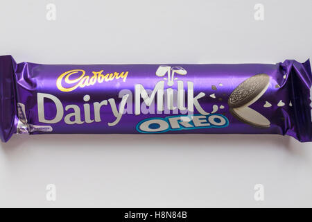 Bar of Cadbury Dairy Milk Oreo chocolate bar set on white background Stock Photo