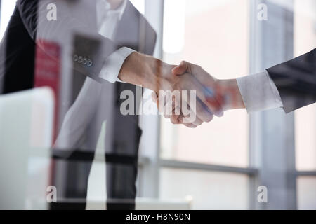 Closeup of two businessmen standing and shaking hands in office Stock Photo