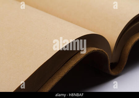 close up of empty pages of a leather covered book binding Stock Photo