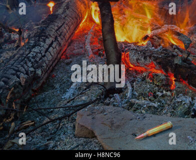 Rifle cartridge placed in the ashes of a fire heating up Stock Photo