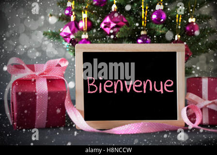 Tree With Gifts, Snowflakes, Bokeh, Bienvenue Means Welcome Stock Photo