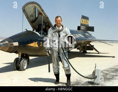 NASA astronaut and research pilot Bill Dana stands next to the North American X-15 hypersonic rocket-powered aircraft at Area 51 October 24, 1967 in Nevada. Stock Photo