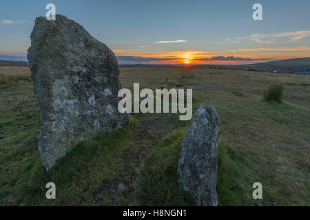 Stone rows at Merrivale on Dartmoor. Stock Photo