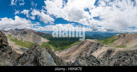 Altay mountains, Chuya river and Kuray steppe. Very big panorama. Stock Photo