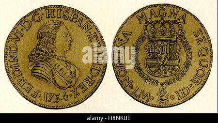 A 1754 Spanish gold 8-doubloon coin, or piece of eight, showing the head of the Spanish king Ferdinand VI , 1713 – 1759. Stock Photo