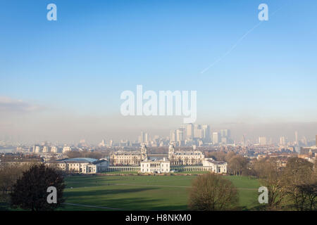 View from the Royal Observatory at Greenwich, looking north towards the Queens House and Royal Naval College. Stock Photo