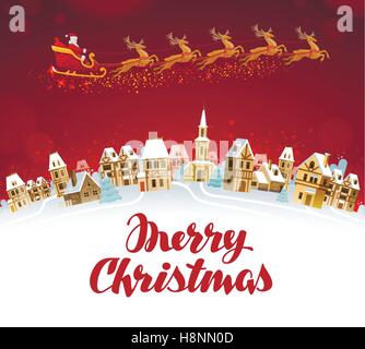 Merry Christmas, greeting card. Santa Claus in sleigh pulled by reindeer flying over town Stock Vector