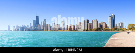 Chicago city skyline, panoramic morning view over Lake Michigan, USA. Stock Photo