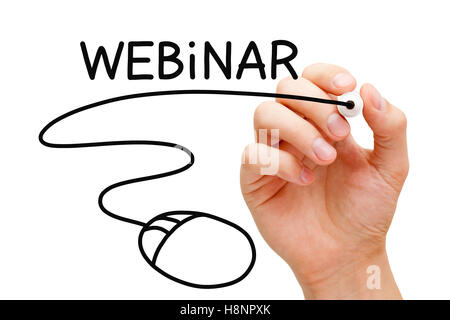 Hand drawing computer mouse under the word Webinar with black marker on transparent wipe board. Stock Photo