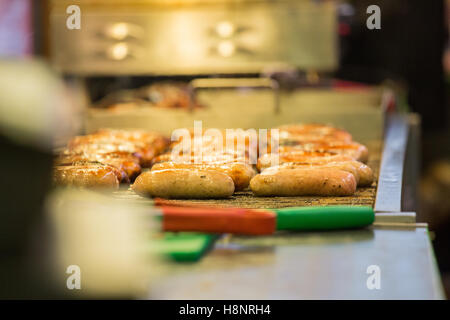 Sausages on grill during the BBC Good Food Show at the Olympia London Stock Photo