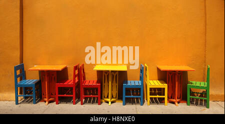 Colourful table & chairs ready for a street cafe or restaurant. Stock Photo