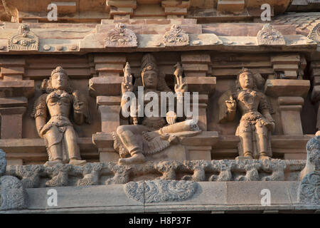 Carvings on Gopura, Deivanayaki Amman shrine, adjacent to Airavatesvara Temple, Darasuram, Tamil Nadu, India. View from West. Stock Photo