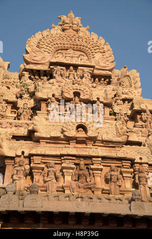 Carvings on Gopura, Deivanayaki Amman shrine, adjacent to Airavatesvara Temple, Darasuram, Tamil Nadu, India. View from West. Stock Photo