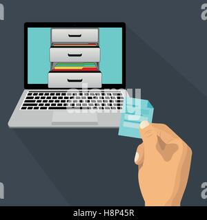 Businessman hand puts documents folder in storage on a laptop Stock Vector