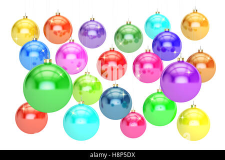 Hanging Colored Christmas balls. New Year and Merry Xmas concept, 3D rendering isolated on white background Stock Photo