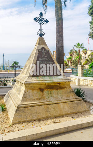 HAIFA, ISRAEL - OCTOBER 13, 2015: Monument commemorating the soldiers of Napoleon, near the Stella Maris Carmelite Monastery, in Stock Photo