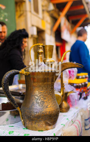 HAIFA, ISRAEL - DECEMBER 12, 2015: A coffee pot on a coffee stand in a Christmas market, in Haifa, Israel Stock Photo