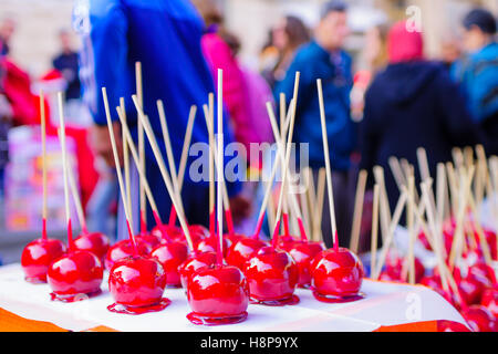 HAIFA, ISRAEL - DECEMBER 12, 2015: Candy apples on sale in a Christmas market, in Haifa, Israel Stock Photo