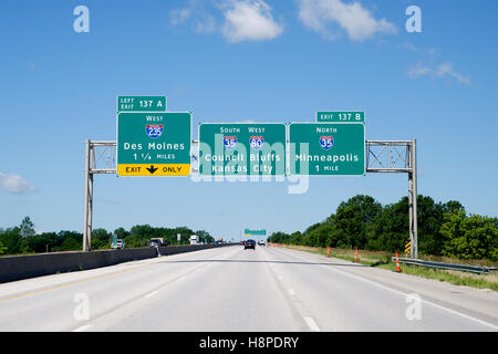 Highway Sign on Interstate 80 Westbound, Iowa, USA Stock Photo