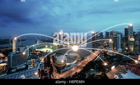 Network business connection system on Singapore smart city scape in background.Network business connection concept Stock Photo
