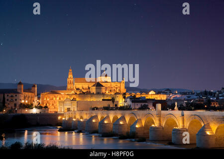 Roman bridge and Mosque of Cordoba under star-filled sky, Cordoba, Spain. Night scene Stock Photo