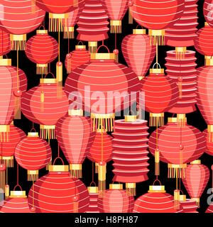 Seamless bright pattern with red lanterns on a dark background Stock Vector