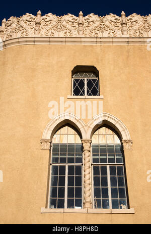 Lensic Performing Arts Center windows. The building is a combination of Spanish Renaissance and Moorish architecture. Stock Photo