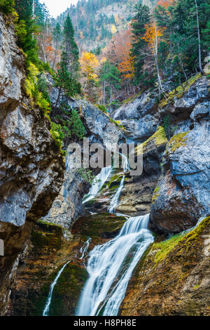 Waterfall and autumnal forest in a mountain place. Stock Photo
