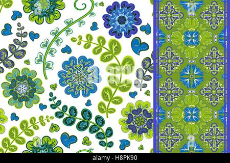 Set of vintage floral seamless pattern and border. Vector background with fantasy flowers end leaves. Hand draw illustration Stock Vector