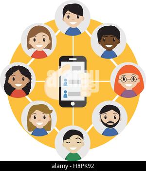 Hand holding a cell phone with  contacts of people concept. Choose person. Contact list, phonebook icon. Group  . Call  friend . Social Communication Network,   friends.Vector Stock Vector