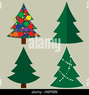 Set of Christmas trees with and without ornaments. Modern flat vector illustration. Stock Vector