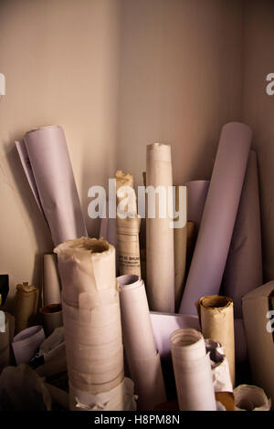 Arrangement of old blue prints, architecture, old project concept Stock Photo