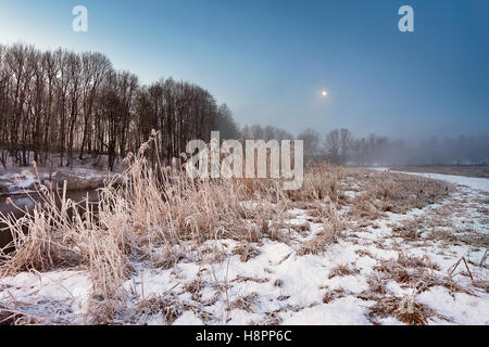 Moonlight in the winter dawn. Fog and mist on snowy winter river in Belarus. Stock Photo