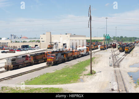 Freight Locomotives in Galesburg Railroad Yard, Illinois, USA Stock Photo