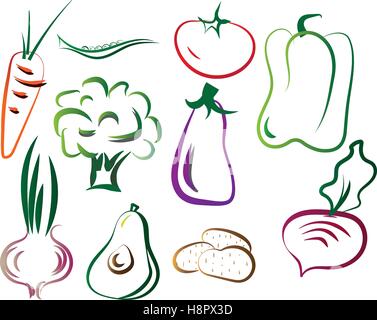 Vector illustrations- Set of vegetable isolated on white background: onion, carrot, pepper, aubergine, potato, eggplant, avocado Stock Vector