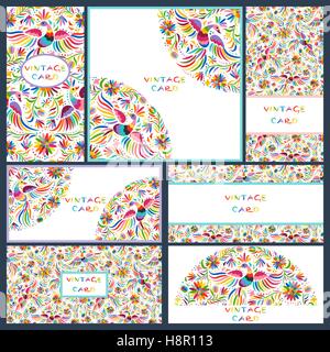 Set business cards with Floral Mexican pattern Stock Vector