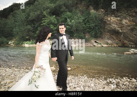 Elegant stylish happy brunette bride and gorgeous groom on the background of a beautiful waterfall in the mountains Stock Photo
