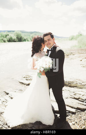 Elegant stylish happy brunette bride and gorgeous groom on the background of a beautiful waterfall in the mountains Stock Photo