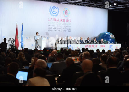Marrakech, Morocco. 15th Nov, 2016. Patricia Espinosa, executive secretary of UNFCCC, speaks at the opening of the joint High-Level Segment of the 22nd Conference of the Parties to the United Nations Framework Convention on Climate Change (COP22) and the 12th Conference of the Parties to the Kyoto Protocol (CMP12) in Marrakech, Morocco, on Nov. 15, 2016. The joint High-Level Segment of COP22 and CMP12 opens here Tuesday. Credit:  Zhao Dingzhe/Xinhua/Alamy Live News Stock Photo