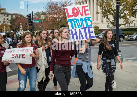 Washington DС, USA. 15th November, 2016. The students at Anti Trump rally near the Supreme Court of the United States. Their posters say: «Make America safe again» and «Love Trumps hate». Credit:  Andrey Borodulin/Alamy Live News