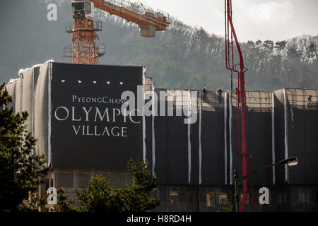 The building site of the Athletes village in the olympic village in the Pyoengchang region, South Korea, 10 November 2016. The Olympic Winter Games will be held from 9 until 25 February 2018 in the Pyoengchang mountain region and on the coast in Gangneung. Photo: Michael Kappeler/dpa Stock Photo